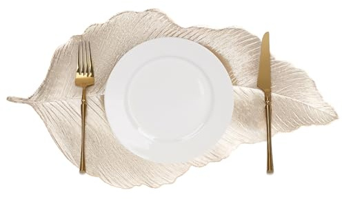 fanqaure Leaf Shaped Placemats Set of 6 Elegant Gold PVC Metallic Polyvinyl Pressed Washable Heat Resistant Table Mats for Dinner Gathering Party Decor