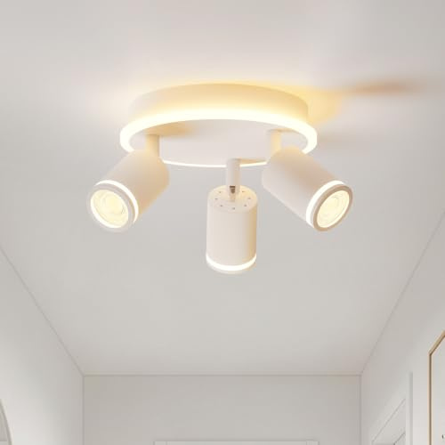 LVWIT Luminaire Plafonnier LED, Spot de Plafond Blanc GU10, éclairage de Plafond à 3 Lumières Pour Salon, Base Round Avec Barre Lumineuse Intégrée (Sans Ampoule)