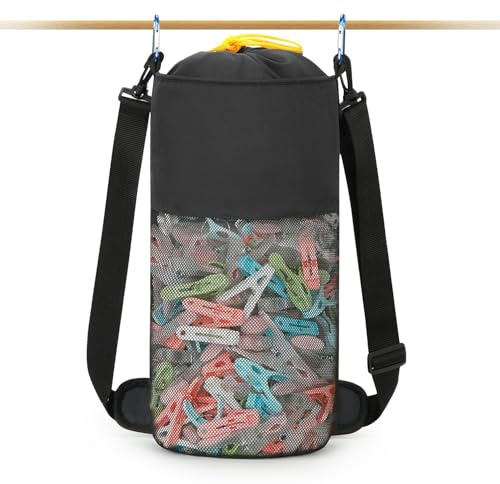 GNEGNI LIFE Sac à pinces à linge, grand espace à suspendre avec crochet et bandoulière pour 500 pinces à linge, sac à pinces à linge portable, sac à séchage rapide, Noir , Sac à pinces à linge