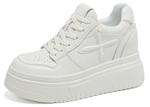AONETIGER Baskets à Talon Compensées Femmes Semelle Plateforme Chaussure de Sport Légères Cuir Baskets Talon de 8 cm Mode Casual Lacets Sneakers (592 Blanc,39EU)