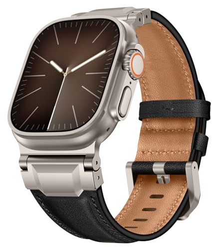 Miimall Läderrem för Apple Watch Ultra 3/2/Ultra 49 mm, serie 11/10 46 mm, 9/8/7 45 mm, iWatch SE3/SE2/SE/Series 6/5/4 44 mm, läderrem med metallkontakt för män, kvinnor, Apple Watch Ultra, Läder