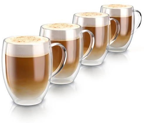 Arendo - doppelwandige Trinkgläser 350ml mit Henkel - Latte Macchiato Cappuccino Tee - 4er Set – Doppelwandglas - Thermotassen - spülmaschinengeeignet - Teetasse Kaffeetasse - Thermogläser
