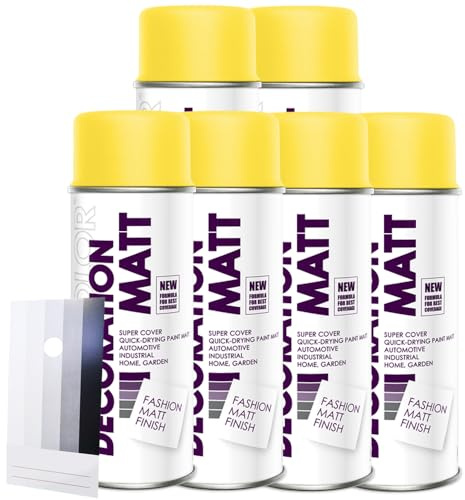 Craft-Equip DC 6 Stück Lackspray Matt nach RAL in 400ml zur Lackierung von Auto Stahl Aluminium Beton Holz und Spritzmusterkarte (6 Dosen in gelb MATT RAL 1023 + Karte)