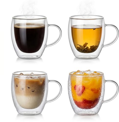 Aspect Double Walled Glass Coffee Cups Set of 4 x 250ml with Handles, Borosilicate Insulated Latte Mugs, Heat Resistant Espresso Cappuccino Tea Cups for Hot & Cold Drinks