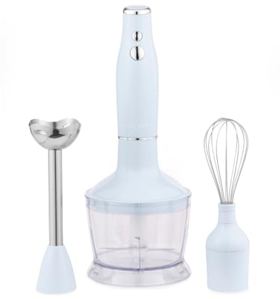 Salter Retro Hand Blender Set 600W 3 In 1 With 500ml Chopper | 2 Speed Control, Stainless Steel Blades And Whisk, Detachable Parts For Cleaning, Blue Finish, Rod Attachment Included