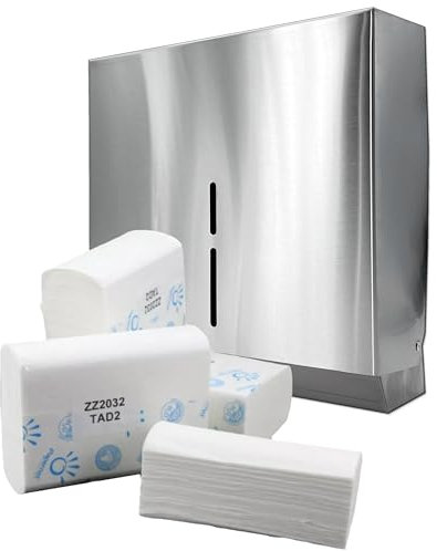 Blanc HYGIENIC Falthandtuchspender – Handtuchspender, abschließbar zur Wandmontage, inkl. 2.000 Blatt Zick-Zack Premium Handtuchpapier Zel-TAD, Interfold, 2-lagig, Edelstahl matt