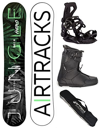 AIRTRACKS Snowboard Set Paquete Completo Tabla Jungle Hero Wide Hybrid Rocker Hombre 155 - Fijaciones Master - Botas Master QL 43 - SB Bag