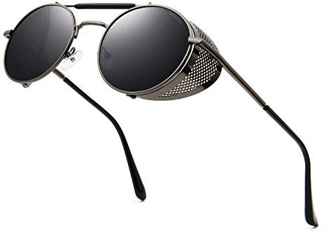 RONSOU Steampunk Stil Rund Vintage Sonnenbrillen Retro Brillen UV400 Schutz Metall Rahmen grau rahmen/grau linse