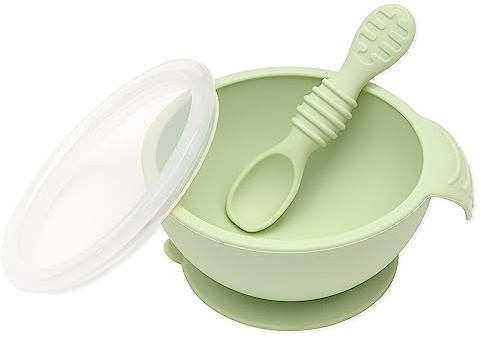 Bumkins - Erstes Baby Fütterungsset aus Silikon, Salbei, Schüssel mit Saugfuß und Löffel