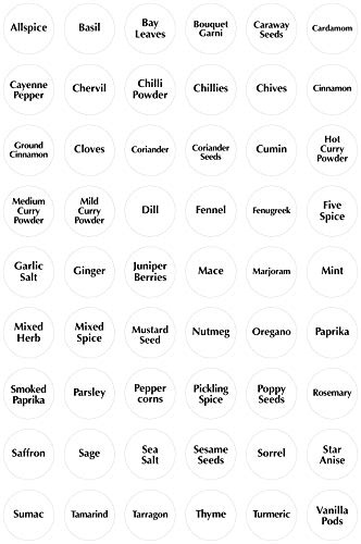 Spice and Herb Storage Jar Labels, White with Black Text, 30mm x 30mm, Kitchen Stickers, Pack of 54