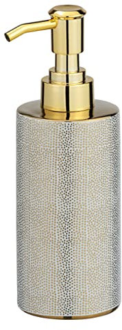 WENKO Seifenspender Nuria, nachfüllbarer Seifendosierer für Flüssigseife und Lotion aus hochwertiger Keramik mit luxuriös-strukturierter Oberfläche in Gold/Weiß, 7,5 x 18,7 x 6,5 cm, Füllmenge 300 ml