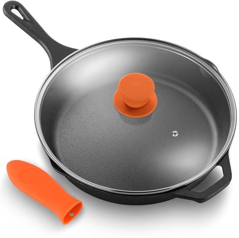 NutriChef 10 Pre-Seasoned Cast Iron PFOA-Free Oven Safe Kitchen Nonstick Cookware Frying Pan Skillet w/Glass Lid, Drip Spout, Silicone Handle-Gas/Electric/Ceramic/Induction Cooktop NCCI10