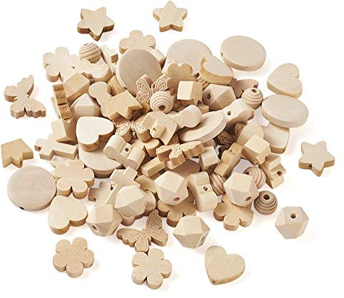PandaHall Naturholzperlen-Anhänger, 10 Stile, unlackierte lose Holzperlen, Abstandshalter für DIY-Schmuckherstellung, Loch: 1,5–3 mm, 100 Stück