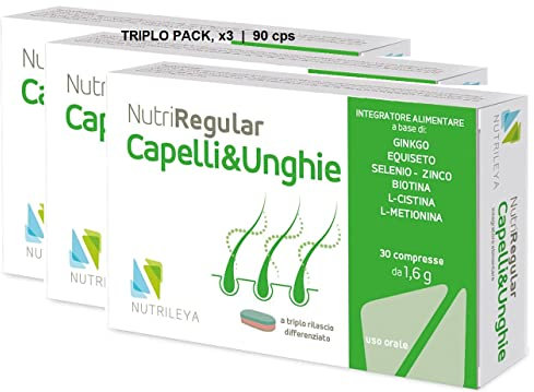 Nutriregular Capelli e Unghie, 90 compresse - Integratore Naturale Migliora la Crescita, Volume, Forza Capelli - Azione Rinforzante Unghie - Con Zinco, Selenio, Biotina, Ginko, Equiseto - Nutrileya