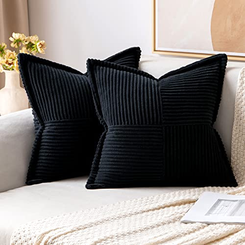 MIULEE 2er Set Kissenbezug 40×40cm Kordsamt Biese Patchwork Schwarz | Mit Biese und Patchwork Design formstabil farbtreu mit Reißverschluss dekorativ für Sofa Bett Gästezimmer Büro und Terrasse