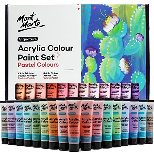 Mont Marte Acrylfarben Set Pastell – 48 x 36ml – Starke Deckkraft und Seidenmattes Finish – Pastellfarben für Leinwand, Karton, Papier, Leder und mehr