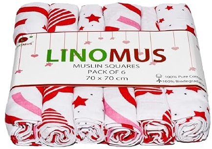 Linomus Muslin Squares - Pack of 6 (70 x 70 cm) - Soft, Absorbent & Breathable 100% Pure Cotton Muslin Cloths for baby- Ideal to Clean, Wipe & Cover Newborns - Red & Pink Galaxy Theme