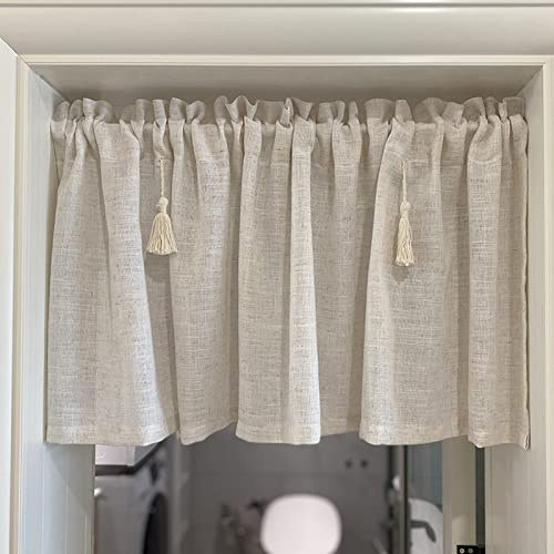 A.Monamour Tenda Corta per Finestra Piccola Retrò in Cotone Lino Beige Solido - Opaco con Nappine a Pannello per Cucina Bistrot Caffè - Mezza Mantovana a Vetro