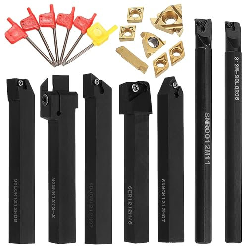7 PCS Outil Tour a Metaux 12mm, Tige Tour Set avec Outil Tournage Inserts en Carbure avec T8 clé pour Tour Outils Support D'outil