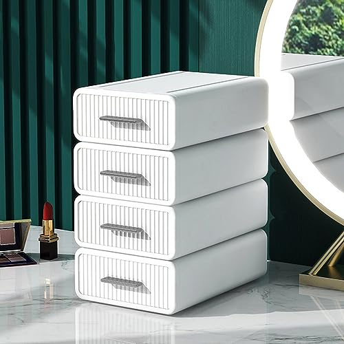 Vinteky Lot de 4 Boîtes de Rangement Empilables Visible pour le Bureau Systèmes de rangement et les Cosmétiques, Boîte de rangement avec tiroirs visible Caisson individuel(blanc)