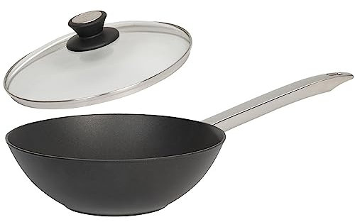 SKK große 2-tlg. Aluguss Wokpfanne Ø 30 cm - Antihaft Wok mit glattem Boden - Edelstahl-Stiel - mit Glasdeckel und Edelstahlrand - Made in Germany