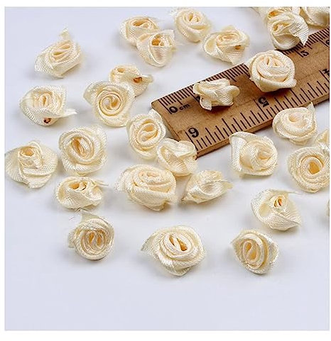Yurosiay 150 mini rose in raso, 15 mm, fatte a mano, colorate, decorazione fai da te, per matrimoni, beige