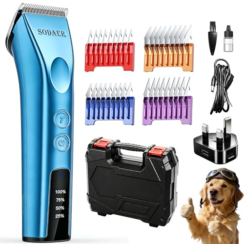 Professional Animal Dog and Horse Cordless Hair Clipper Grooming Kit with 5 in 1 Blade Low Noise & High Power Rechargeable Cordless Pet Grooming Clipper for for Thick Heavy Coats (Blue)