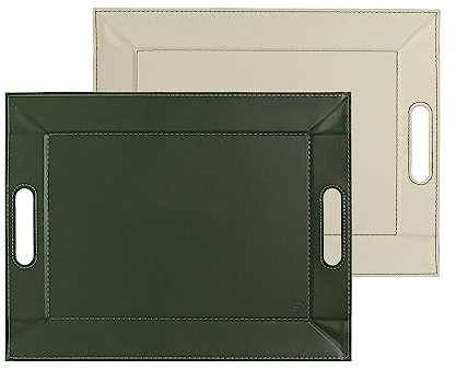 Freeform Duo Tablett 45×35 cm, Wendetablett, Kunstleder, mit Griffen | Olive/Elfenbein, 2-in-1 Serviertablett und Tischset, zweifarbig, elegante Sattlernähte, bis 90°C hitzebeständig, praktisch