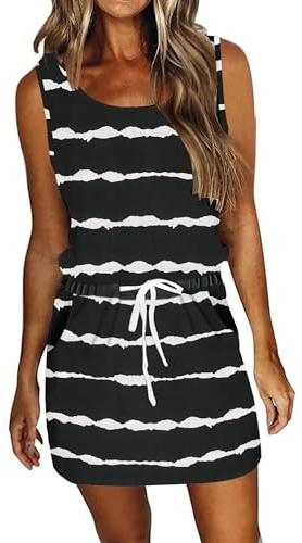 AUSELILY Vestidos Verano Mujer Vestido de Playa sin Mangas Cordón de Cintura Alta Mini-Vestidos con Bolsillos