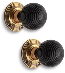 Infinity Decor Ebonised Wooden Beehive Mortice Rim Door Knobs Brass Pull Handles on Unsprung  Aged Brass Rose 55mm – Ideal for Interior & Exterior Use