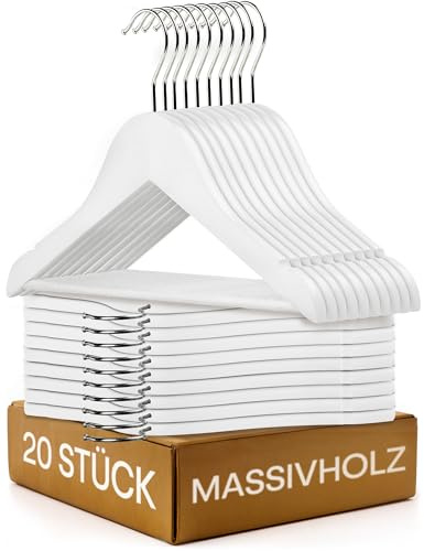 Praknu Kinderkleiderbügel Holz Weiß - 20 stück - 360° Drehbar & rutschfest mit Hosensteg - Natur FSC® Buchenholz Massiv - Kinder