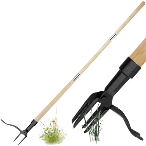 Weed Puller Tool, Stand Up Weeding Tool, Detachable Long Handle Weed Puller Root Remover Tool with 4 Claws, Manual Weeder Tool Hand Weed Root Pulling Tool, Picker, Grabber for Garden (Wood Handle)