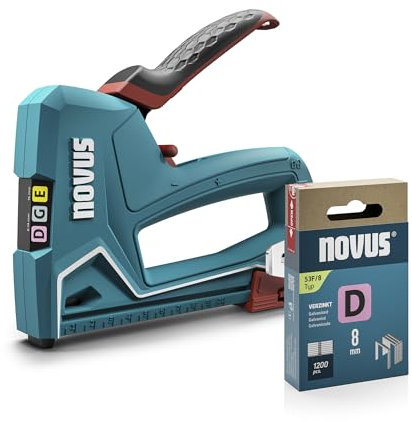 NOVUS TOOLS Handtacker J-51 Set mit 1200 Klammern │ Profi-Tacker für Holz mit Aluminium-Gehäuse, Schlagkrafteinstellung, Distanzanschlag │ Für Flachdrahtklammern 6-14 mm und Nägel 16 mm