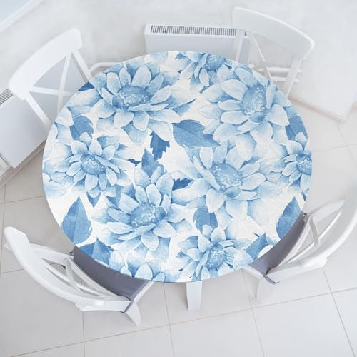 ABAKUHAUS Chrysanthemen Elastisches Rundtischtuch, Romantische Winterblüte, Rundum-elastische Stofftischdecke, 100 cm - 110 cm, Blass Azur blau Hellblau
