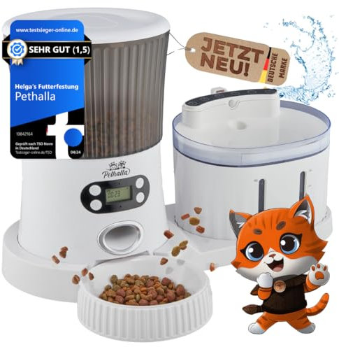 Pethalla 2in1 Trinkbrunnen Futterautomat Katze Katzenbrunnen und Automatic Katzenfutter Automat Katzentrinkbrunnen mit Sensor Wasserbrunnen