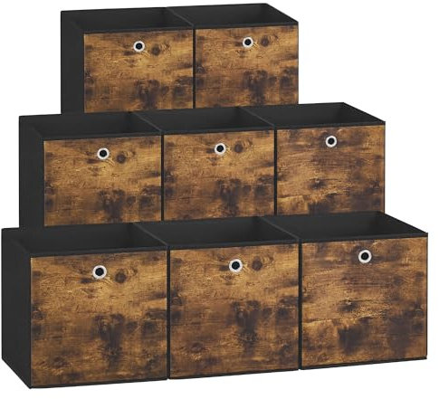 SONGMICS RFB833B01 Lot de 8 boîtes de rangement pliantes en tissu, 33 x 33 cm, boîtes d'armoire à vêtements, pour chambre à coucher, salon, marron vintage et noir