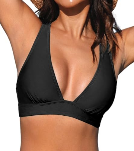 CUPSHE Women's Bikini Top V Neck Triangle Top Wide Straps Cross Back Lace up, XL Black