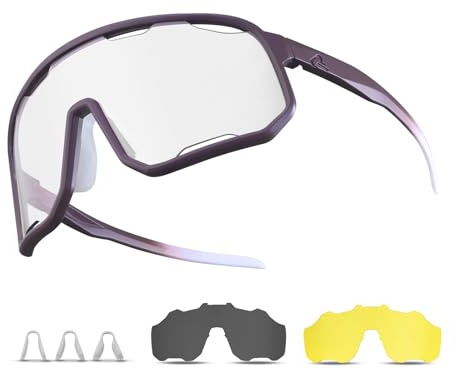 ROCKBROS Selbsttönend Fahrradbrille Sonnenbrille mit 3 Wechselgläsern | Photochrome Sportbrille, UV400 Schutz TR90 Laufbrille mit Wechselbares Nasenpad für Rennrad MTB Laufen Angeln