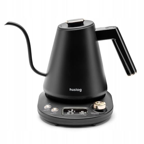 Huslog Hervidor Eléctrico de Cuello de Cisne 1L, Control de Temperatura (40 °C), Función Mantener Caliente, Pantalla LCD, Acero Inoxidable, 1100 W - Ideal para Café y Té