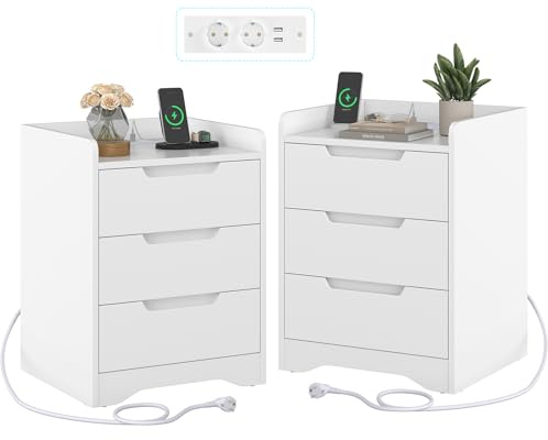 Brinlawb Nachttisch 2er Set mit Ladestation (2 AC-Steckdosen, 2 USB-Anschlüsse) Nachtschrank 2er Set mit 3 Schubladen, Beistelltisch für Wohnzimmer, Schlafzimmer, Arbeitszimmer, Einfache Montage, Weiß