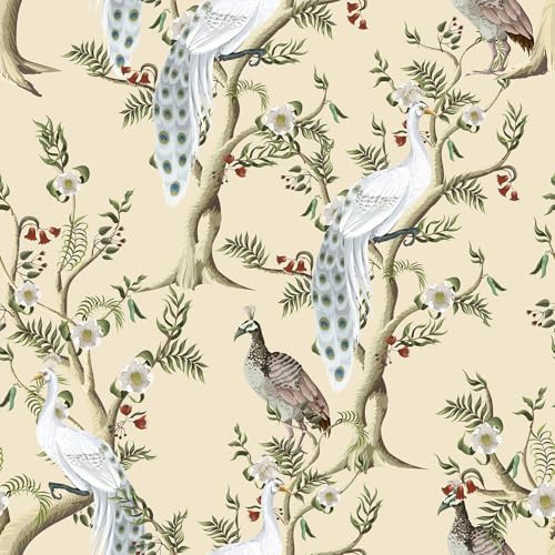 VEELIKE Tapete Pfauen Beige Chinoiserie Tapete Blumen Beige Vogel Mustertapete Blumentapete Fototapete Selbstklebend Möbelfolie Muster Tapeten Wohnzimmer Schlafzimmer Badezimmer 44.5 cm × 300 cm