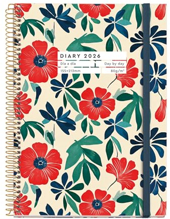 Miquelrius - Agenda 2026 día por página, Similar A5+ (155 x 213 mm), Planificación diaria, Cubierta rígida cartón, Espiral, Cierre goma elástica, Papel 80 g/m², Español-EN-PT, Anémona