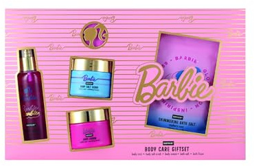 Barbie Set de regalo de 5 piezas, vegano, set de cuidado corporal con Body Mist, exfoliante corporal, crema con aloe vera y glicerina, sales de baño, bomba de baño, cuidado suave cosmético para la