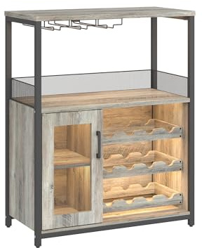 Aptliton Wine Cabinet with Removable Wine Rack, 3-Tier Bar Cabinet with LED Light, Baffle Door & Glass Holders, Industrial Kitchen Buffet Sideboard for Dining Room, 69x35x92 Cm, Grey