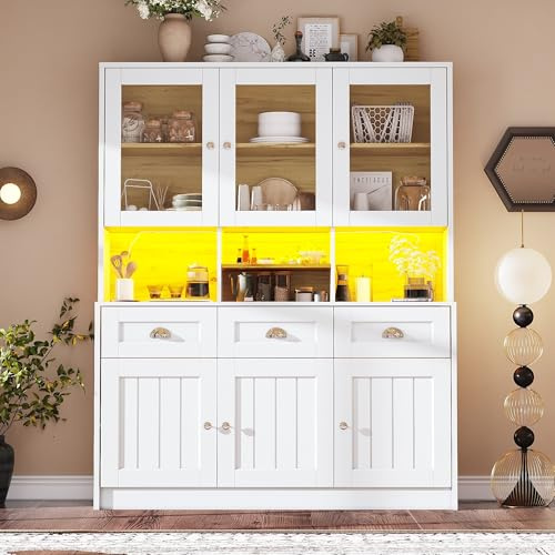 Lahoomu Küchenschrank(140×40×175cm), Hochschrank Küchenbuffet, Vitrinenschrank, Buffetschrank mit Verstellbaren Ablagen, Sideboard mit LED-Beleuchtung, Variable Lichtfarben, Weiß
