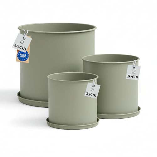 Livlig53 Juego de maceteros con plato, maceta de 25 cm de diámetro y maceta de 30 cm de diámetro y maceta de 40 cm de diámetro, maceta grande exterior e interior, fabricada en Europa, color gris musgo