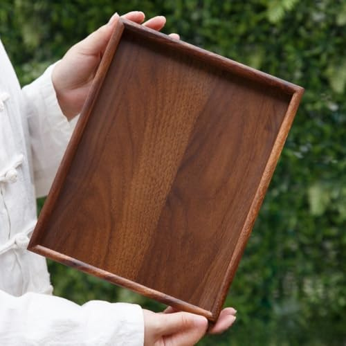 GLOBALHUT Natural Walnut Tea Serving Tray, Japanese Style Wooden Snack Plate For Coffee Dessert And Dry Tea, Smooth Hand-Finished-Surface With Ergonomic Handles(25x20x2.6cm)