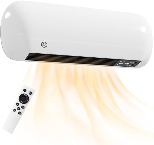 HOMCOM Calefactor cerámico de pared 1000/2000W, radiador eléctrico, ventilador, termostato, programable semanalmente, oscilación, detección de ventana abierta, temporizador 24 H, mando a distancia,