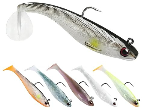 6 Pack Bass Fishing Lures, Pre-Rigged Soft Lures with Lead Jig Head, 3.5 Lifelike Paddle Tail Swimbait for Freshwater & Saltwater, Ultra-Sharp Hooks for Bass Trout Pike and Perch Fishing Lures