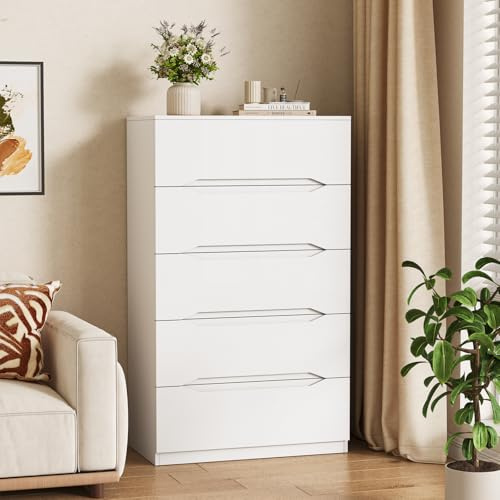 SVEYLXA Weiße Kommode mit 5 Schubladen für das Schlafzimmer, 105 cm hoch, Moderne kommode schmal mit Griffmulden, Holz-Kommode mit tiefen Schubladen für Wohnzimmer, Flur und Eingangsbereich
